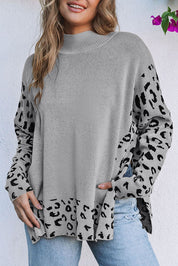 Leopard High Neck Side Slit Oversized Sweater | Sweaters & Cardigans/Sweaters Daverri Fashions