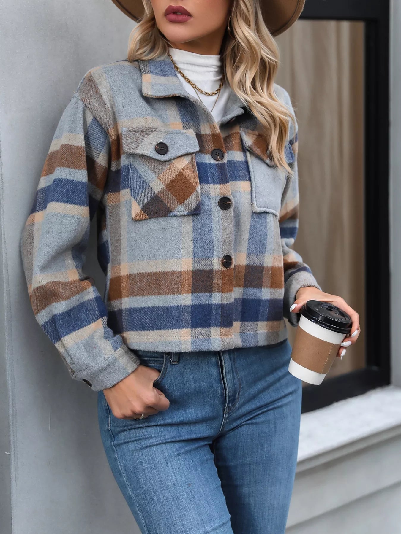 Plaid Oversized Button-Up Cropped Jacket | Jackets Daverri Fashions