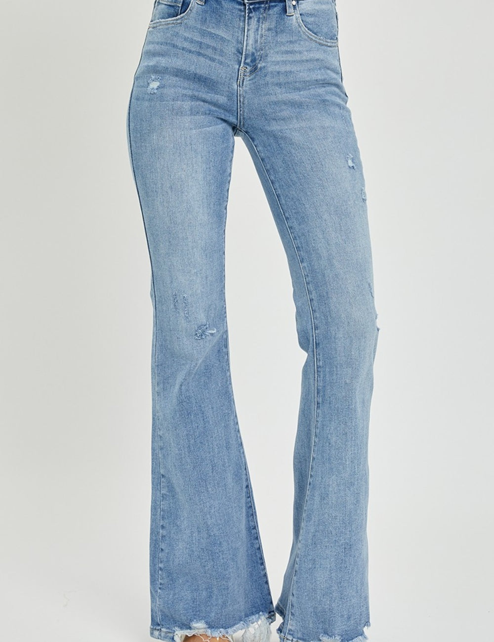 Risen Full Size High Rise Frayed Hem Flare Jeans Light 1XL