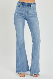 Risen Full Size High Rise Frayed Hem Flare Jeans Light 1XL