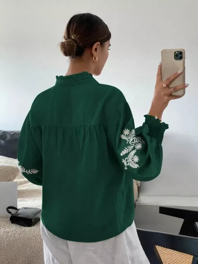 Daverri Fashions Embroidered Notched Long Sleeve Blouse - DAVERRI FASHIONS