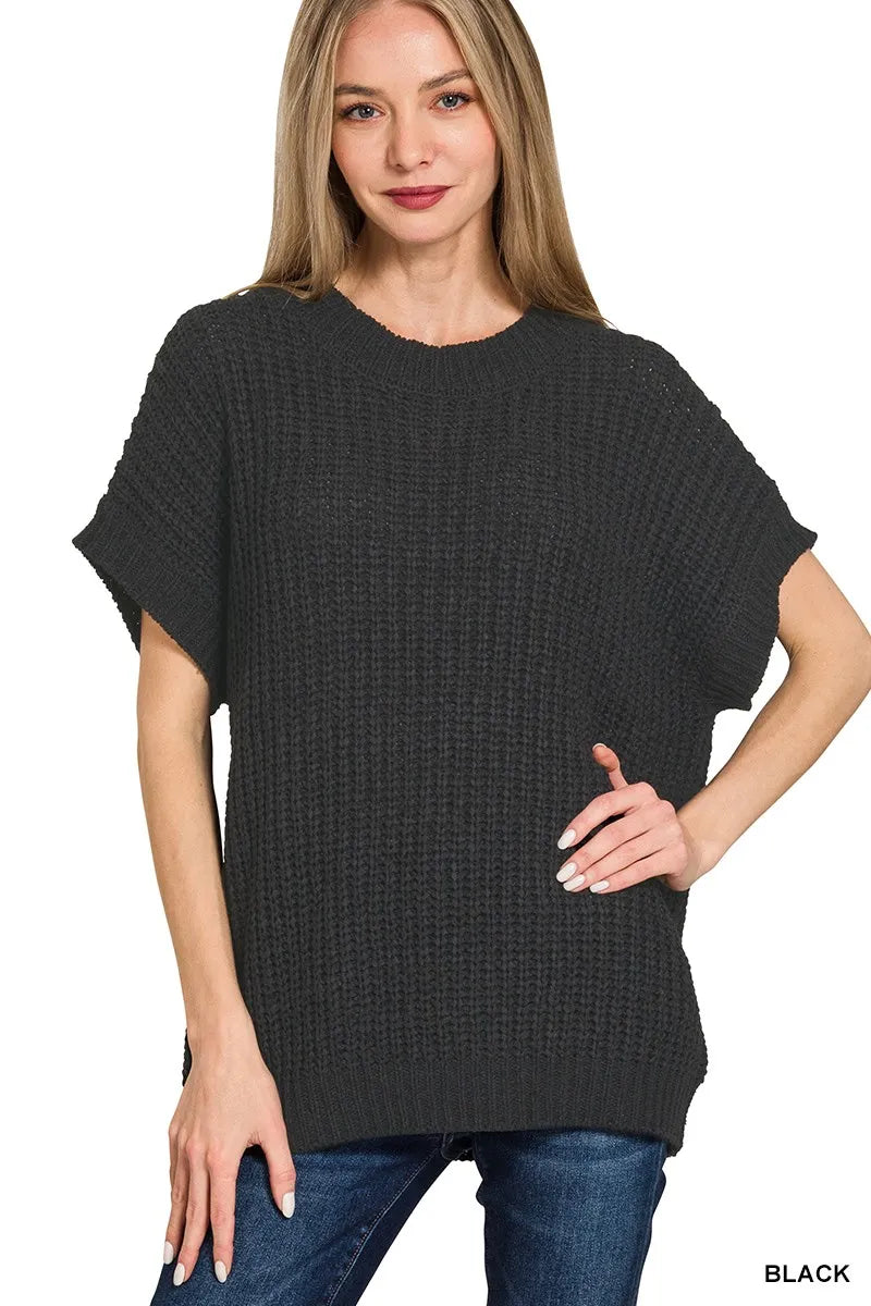 BLACK Zenana Short Sleeve Round Neck Sweater | Sweaters Daverri Fashions