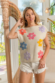 BiBi Multi Jeweled Crochet Flower Patch Sweater Vest | Sweaters Daverri Fashions