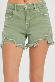 RISEN Mid Waist Frayed Hem Denim Shorts Olive