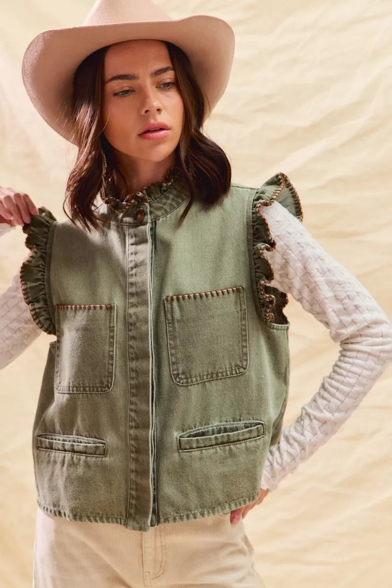SO ME Washed Denim Stitch Ruffled Hidden Button Vest Top | Daverri Fashions