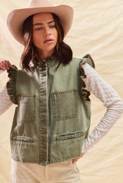 SO ME Washed Denim Stitch Ruffled Hidden Button Vest Top | Daverri Fashions