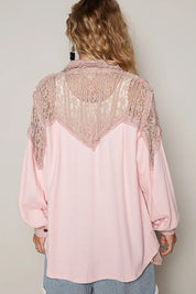 POL Lace Patchwork Button Up Shacket | Daverri Fashions