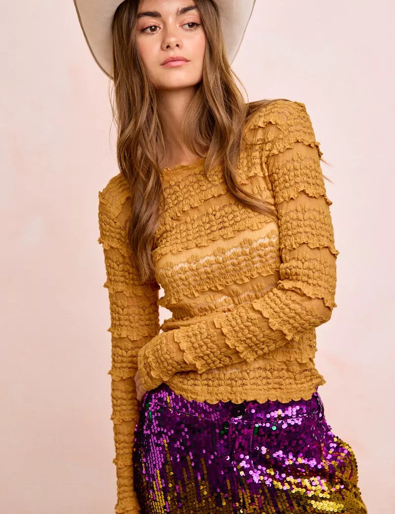 Mustard yellow textured BiBi ruffles detail sweater top