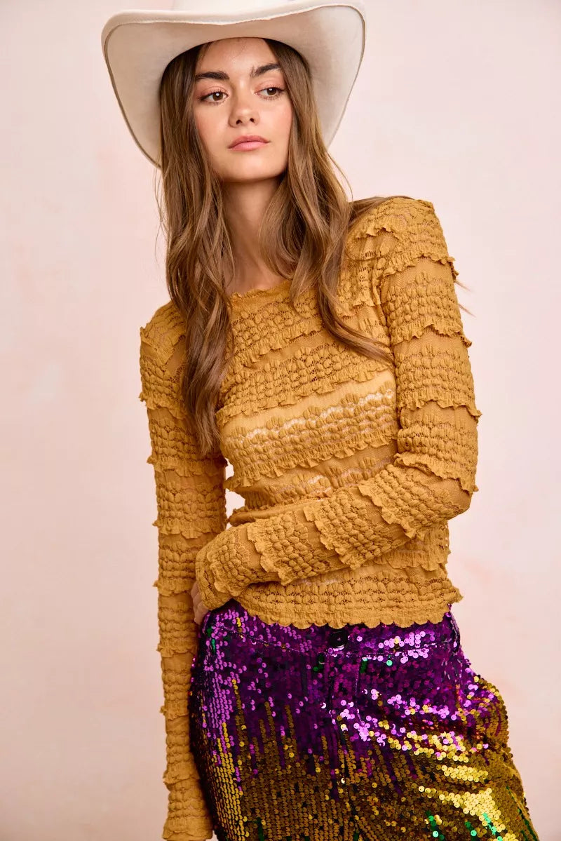 Mustard yellow textured BiBi ruffles detail sweater top