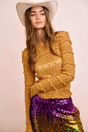 Mustard yellow textured BiBi ruffles detail sweater top