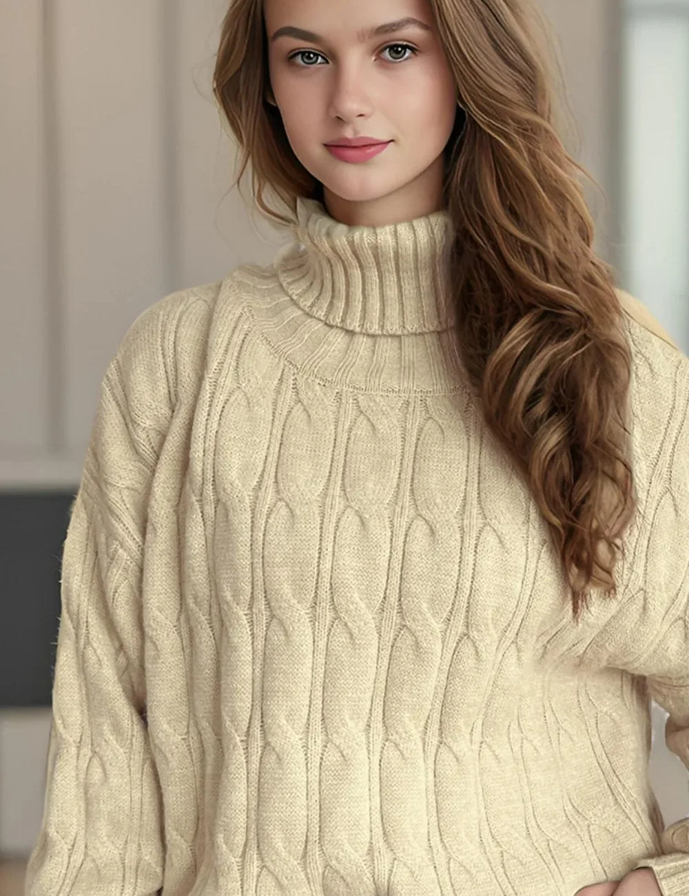 Cream cable knit turtleneck sweater with ribbed cuffs