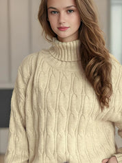 Cream cable knit turtleneck sweater with ribbed cuffs