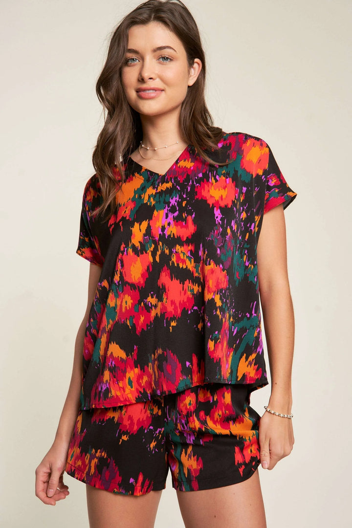Davi & Dani Printed V Neck Short Sleeve Top and Shorts Set BLACK Shorts Sets