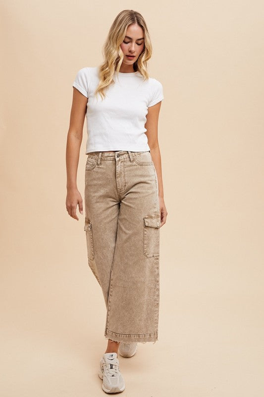 Annie Wear Raw Hem Wide Leg Jeans with Cargo Pockets