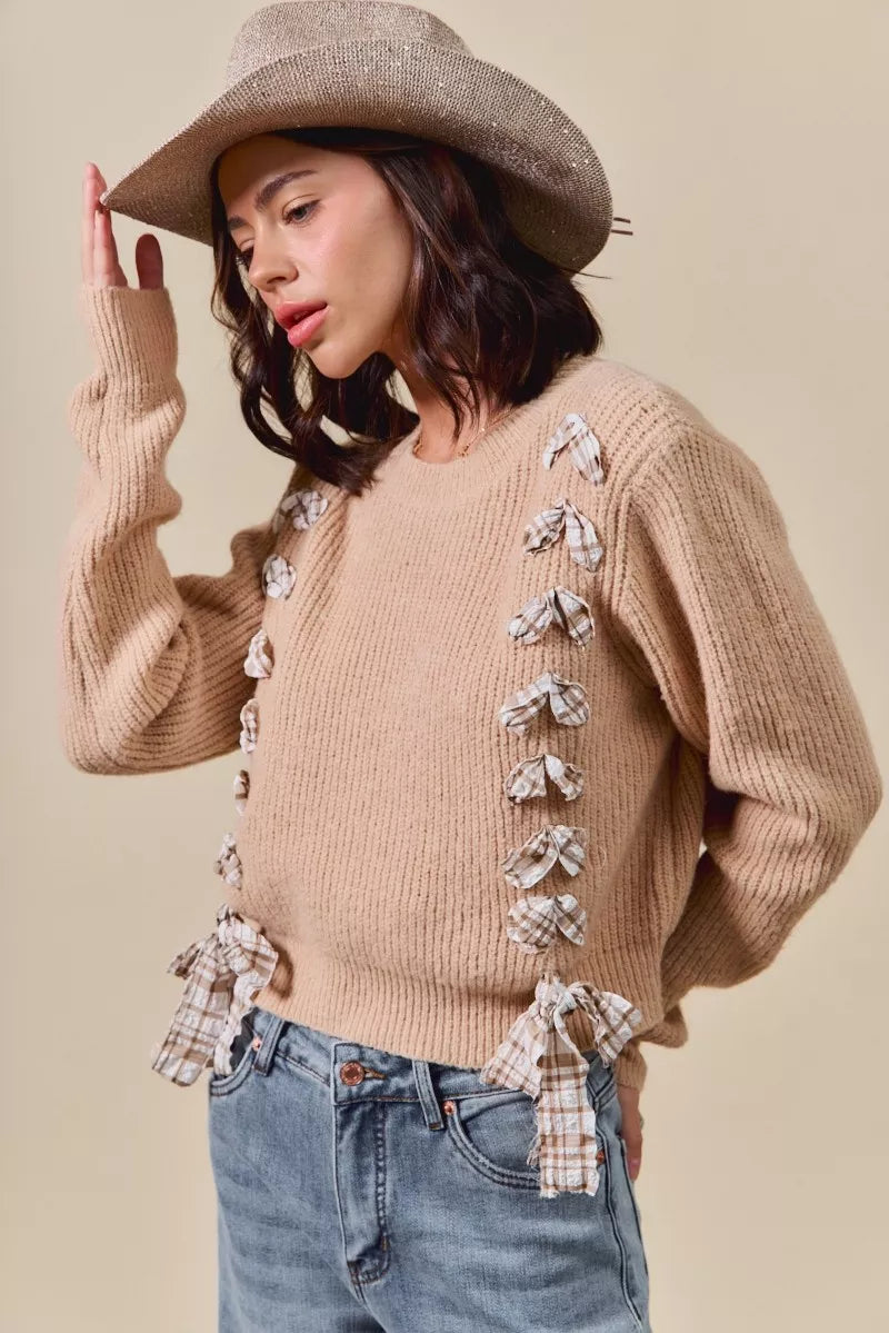 SO ME Checkered Plaid Tape Lace Up Ribbed Sweater | Daverri Fashions