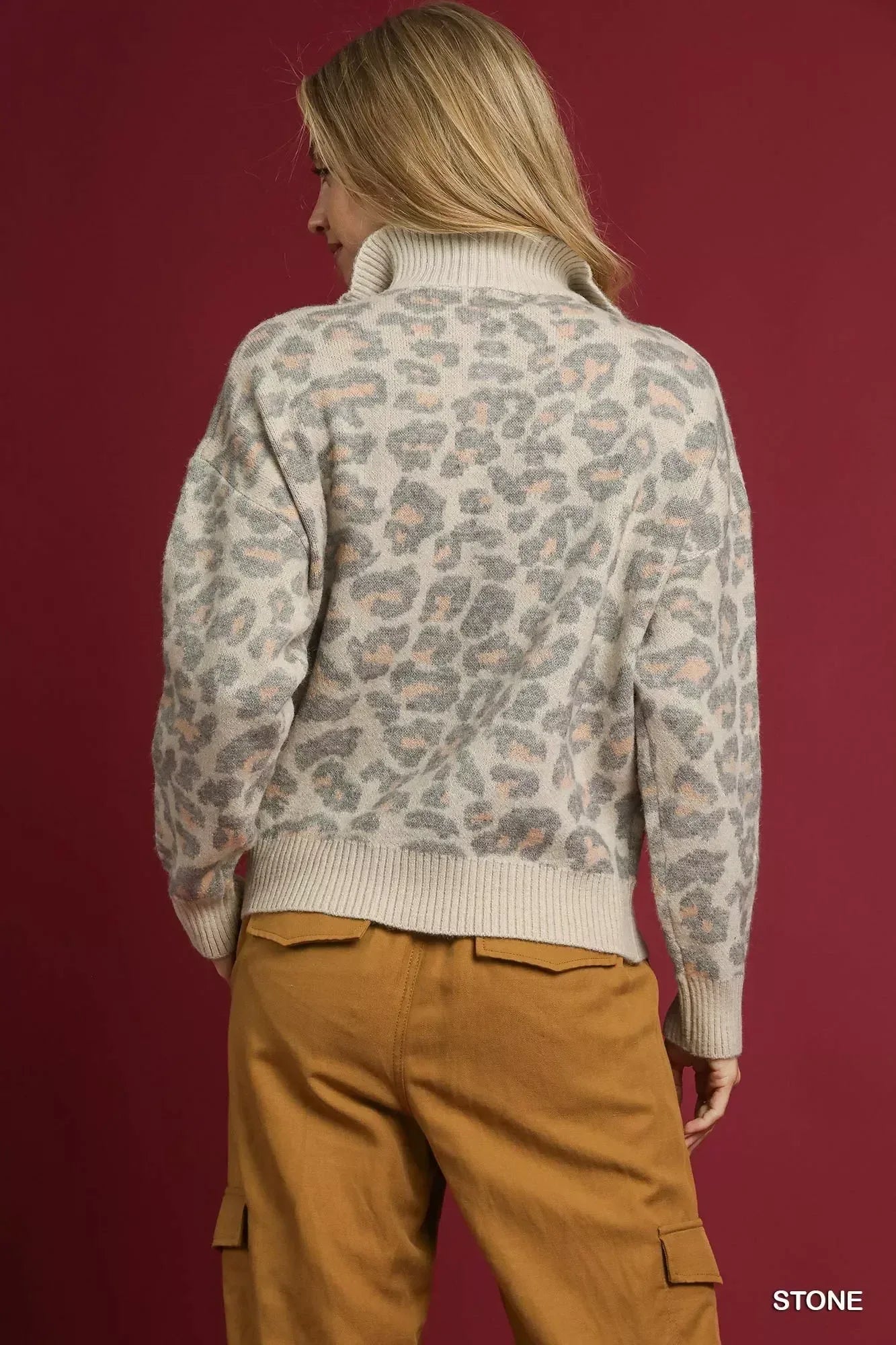 Umgee Leopard Print Quarter-Zip Knit Sweater - DAVERRI FASHIONS