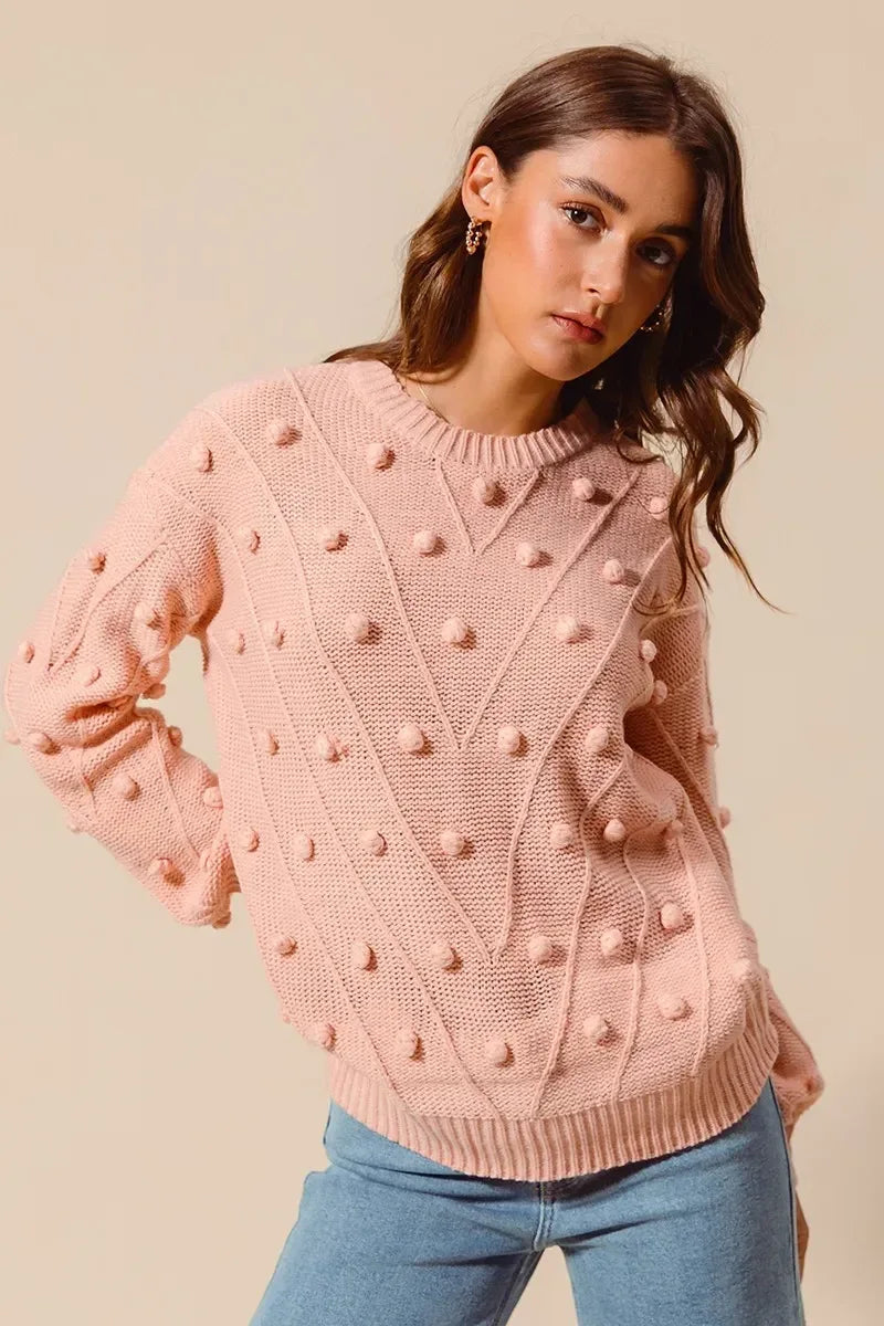 SO ME Pom Pom Textured Knit Sweater Top - DAVERRI FASHIONS