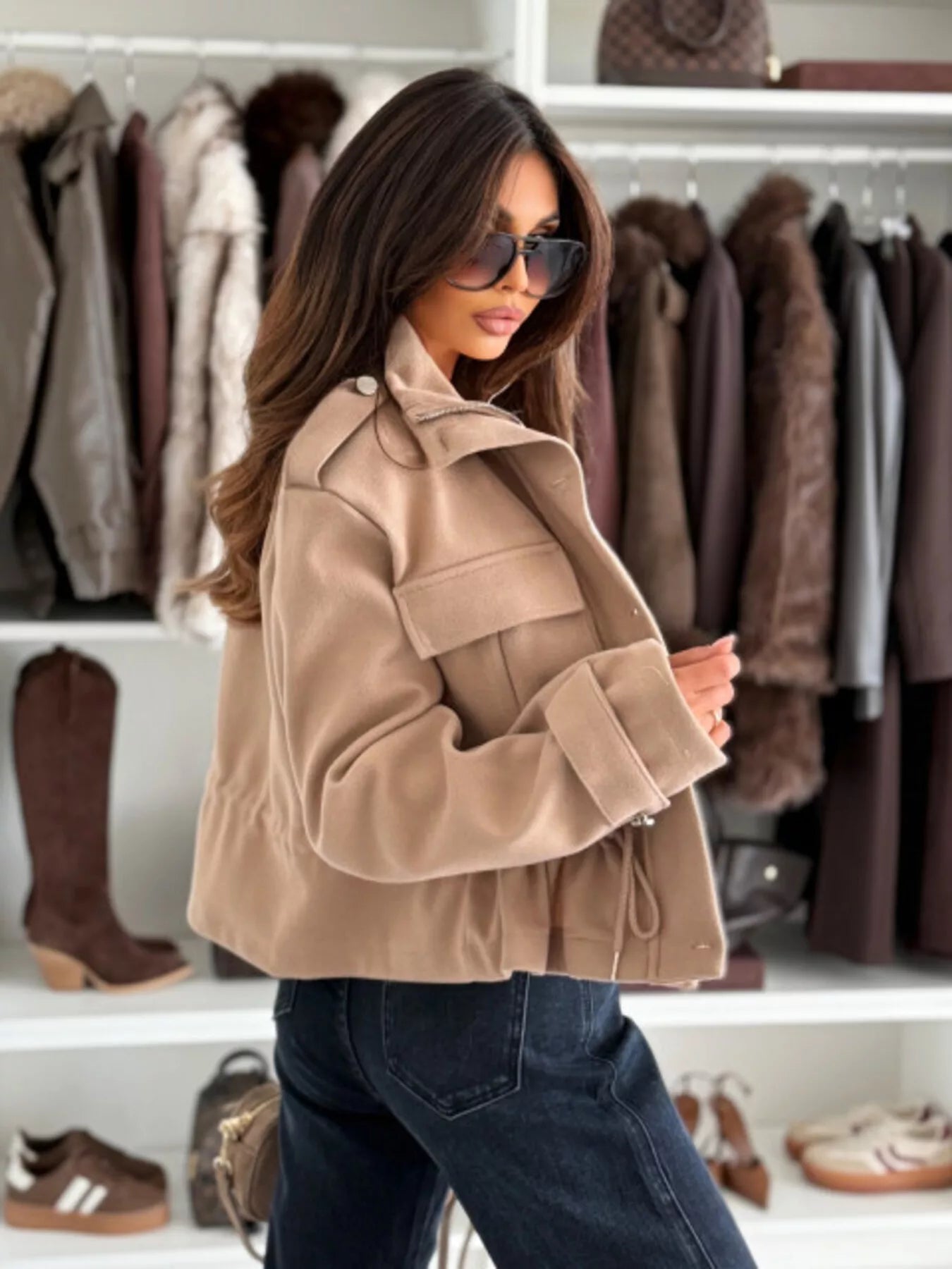 Daverri beige faux suede cropped jacket with structured collar