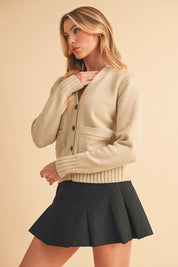 Aemi + Co Ribbed Hem Button Down V-Neck Cardigan