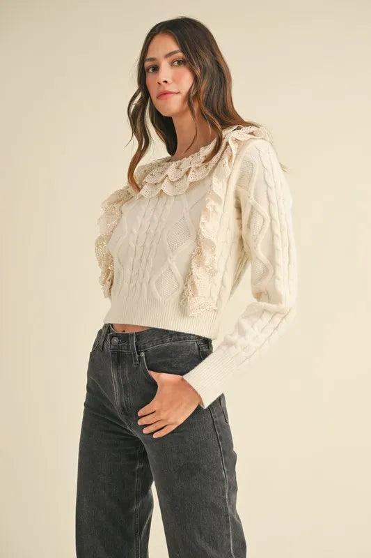 MABLE Ruffled Lace Crochet Sweater - DAVERRI FASHIONS