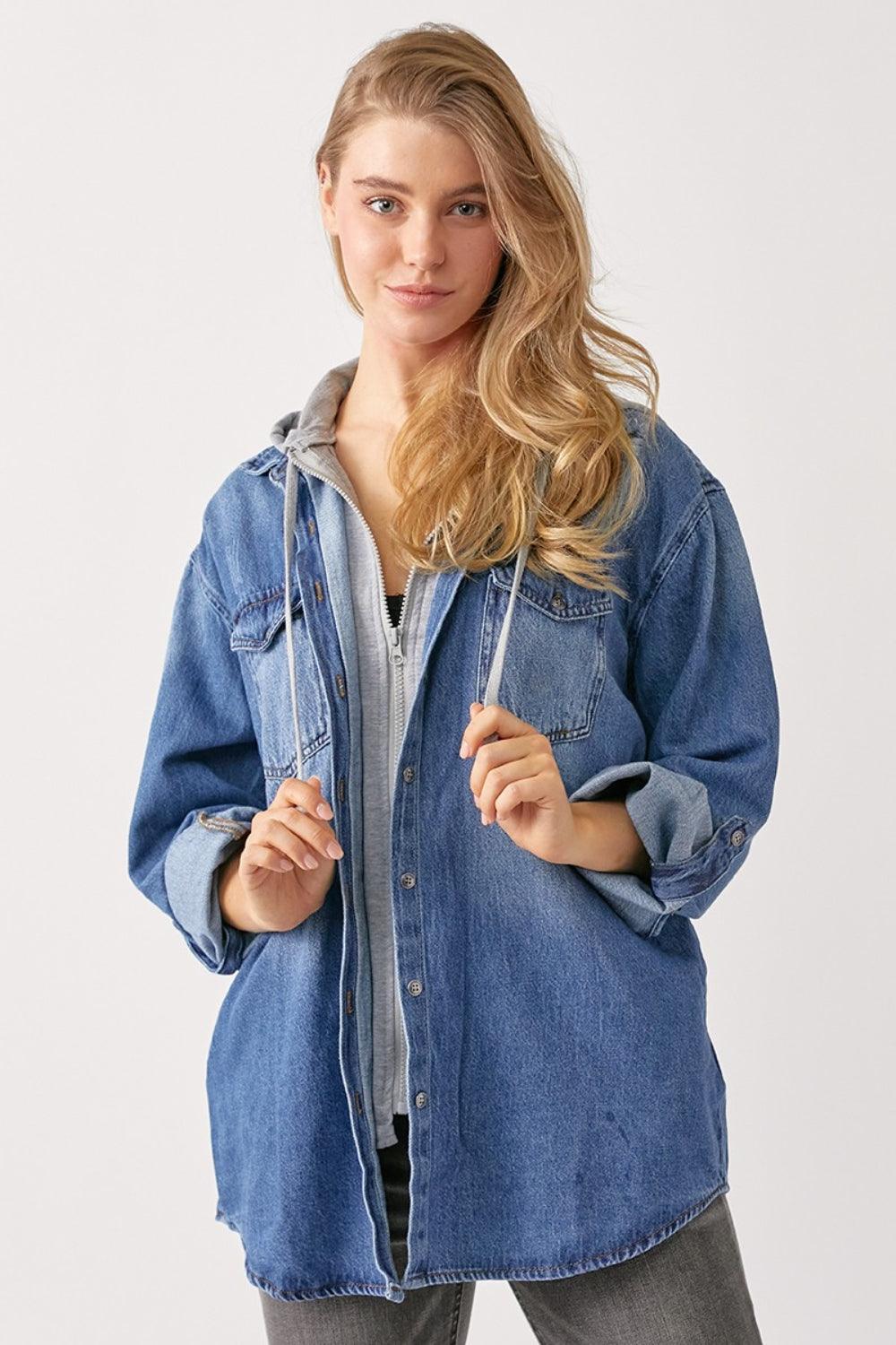 RISEN Zip Up Hooded Denim Shirt Shackets