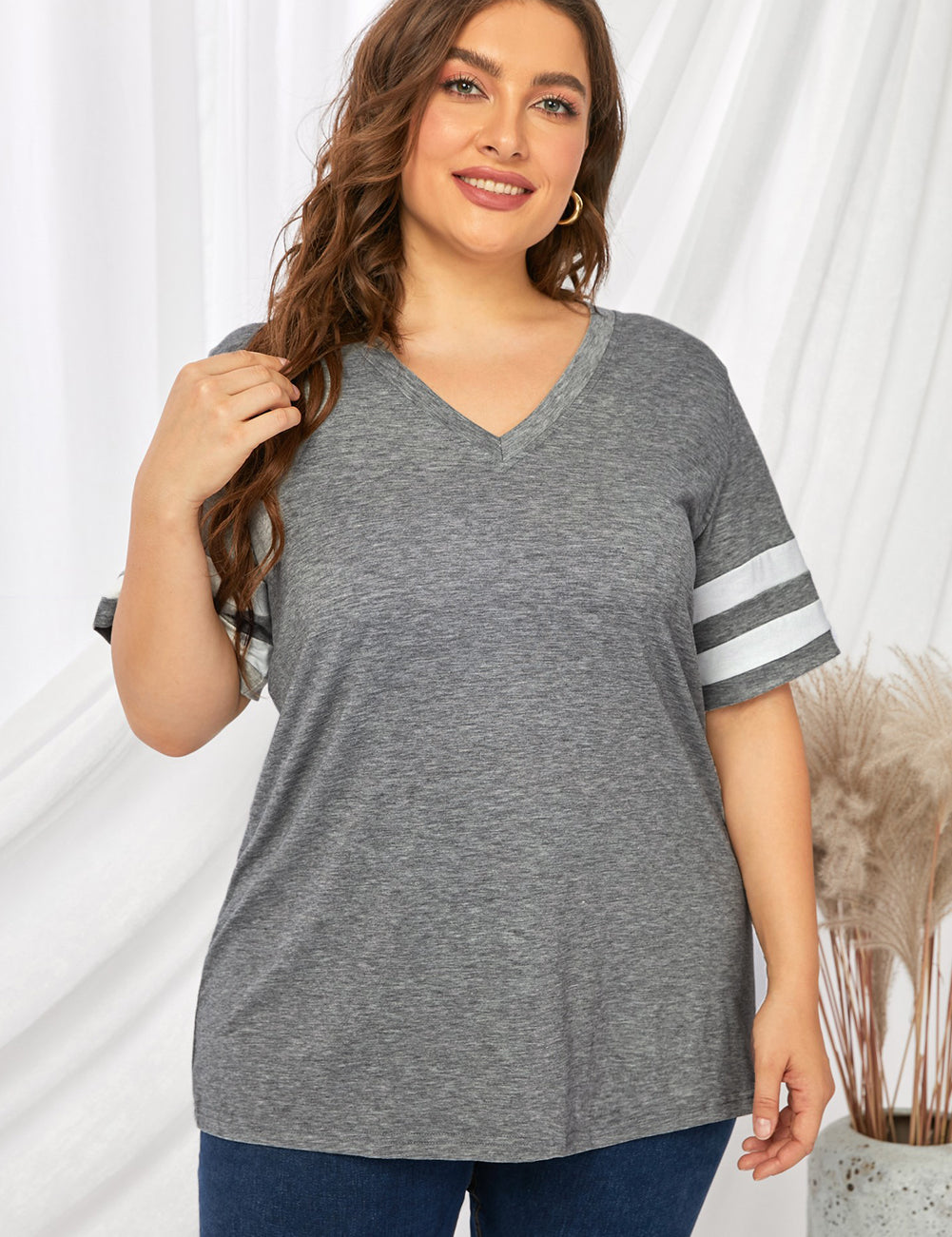 Plus Size Striped V-Neck Tee Shirt | T-Shirts Daverri Fashions