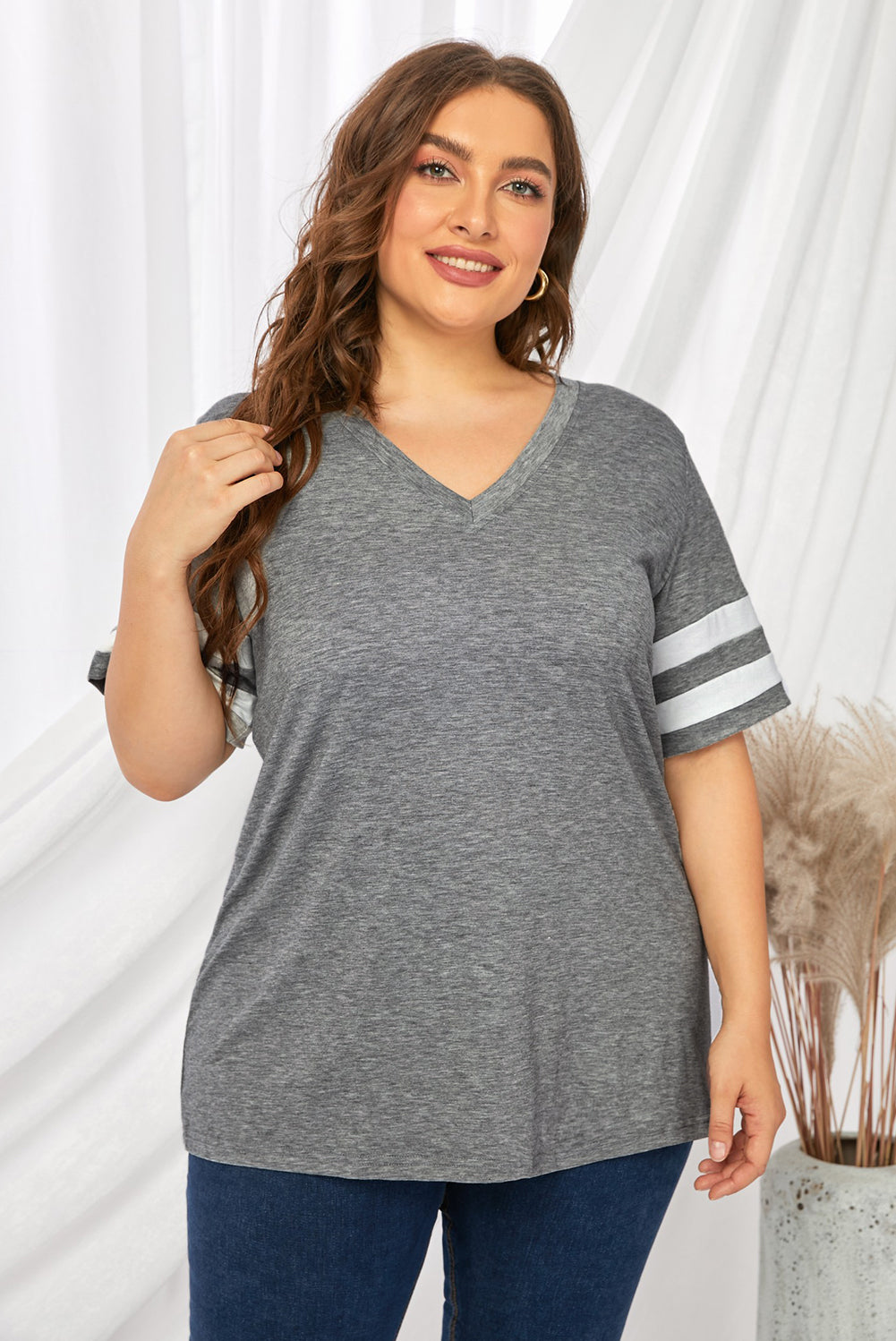 Plus Size Striped V-Neck Tee Shirt | T-Shirts Daverri Fashions