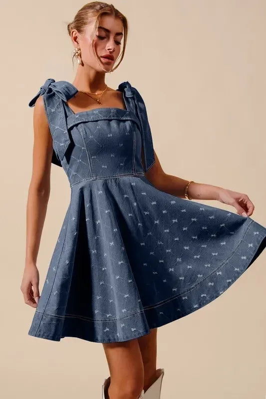 SO ME A Line Fit and Flare Diamond Bow Ribbon Denim Dres - DAVERRI FASHIONS
