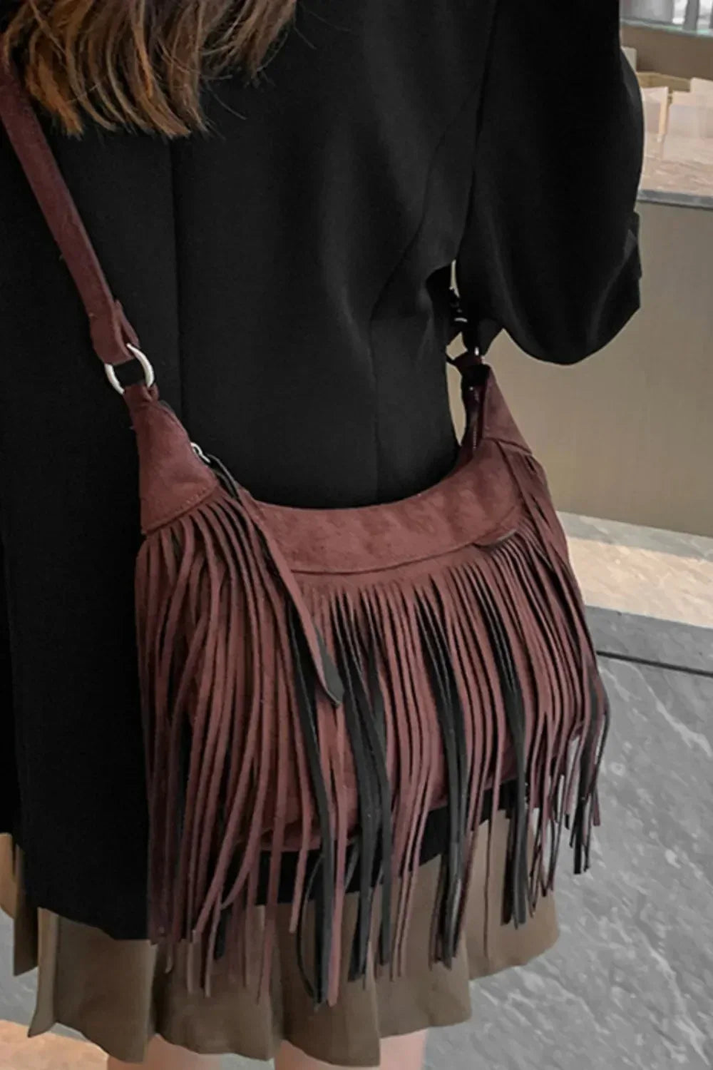Suede Fringe Adjustable Strap Shoulder Bag - DAVERRI FASHIONS