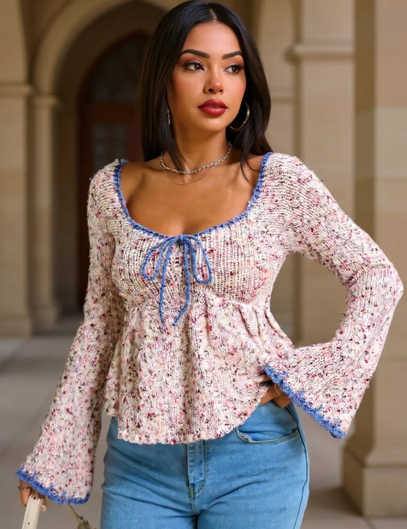 Eggshell Tie Front Flare Sleeve Sweater | Sweaters Daverri Fashions