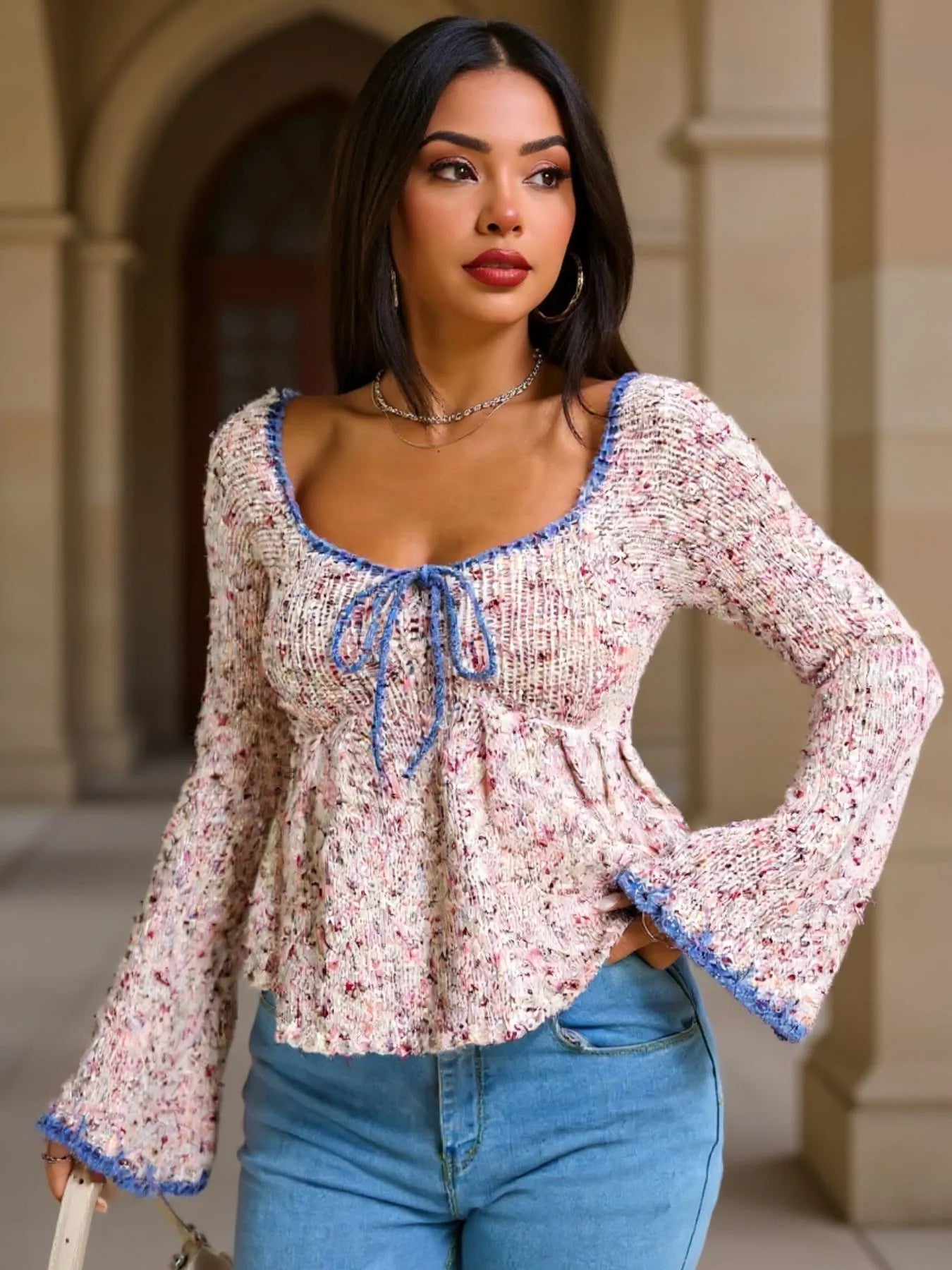 Eggshell Tie Front Flare Sleeve Sweater | Sweaters Daverri Fashions