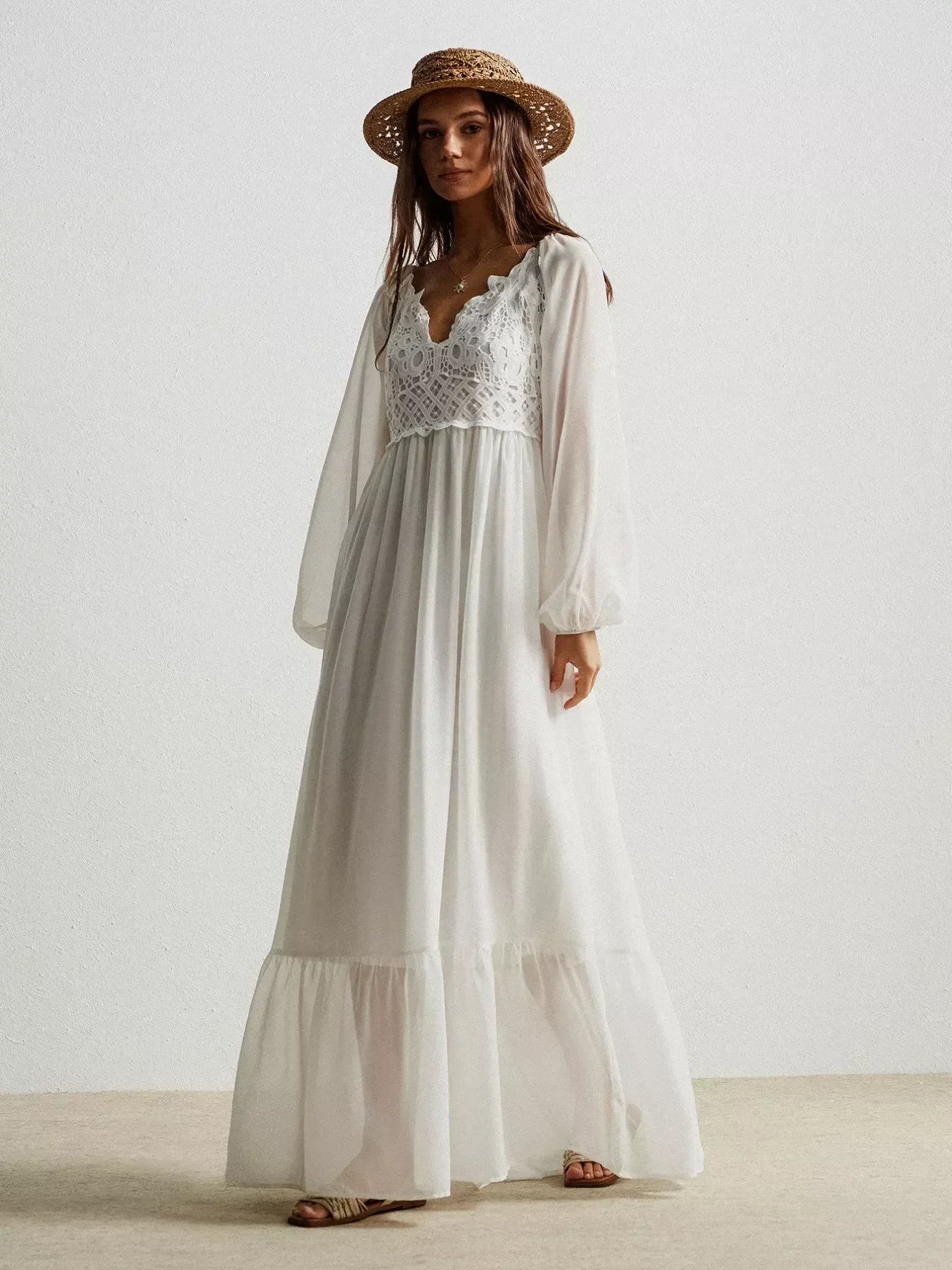 Daverri Fashions Boho Chic Crochet Lace Maxi Dress - DAVERRI FASHIONS