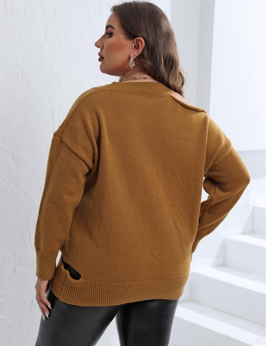 Plus size cutout V-neck mustard yellow oversized sweater