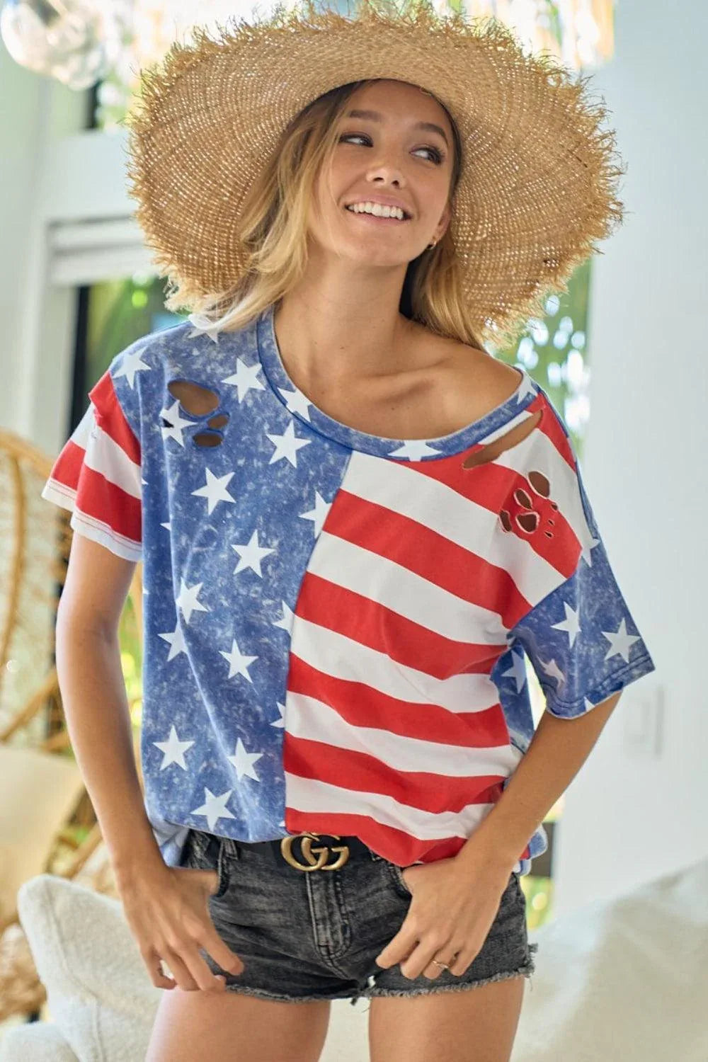 BiBi American Flag Theme Short Sleeve T-Shirt - DAVERRI FASHIONS