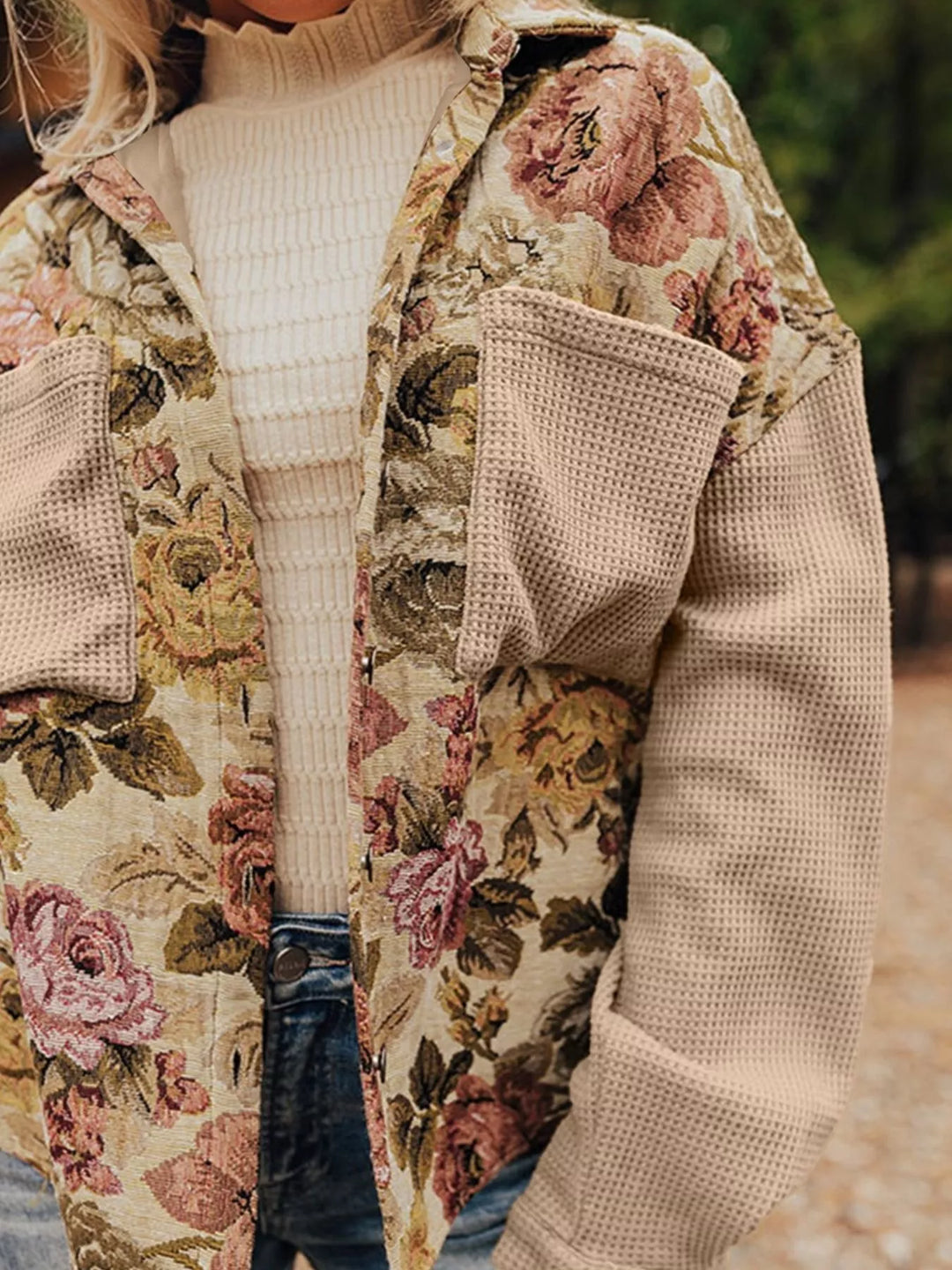 Floral Waffle Knit Patchwork Chest Pockets Buttoned Jacket | Jackets Daverri Fashions