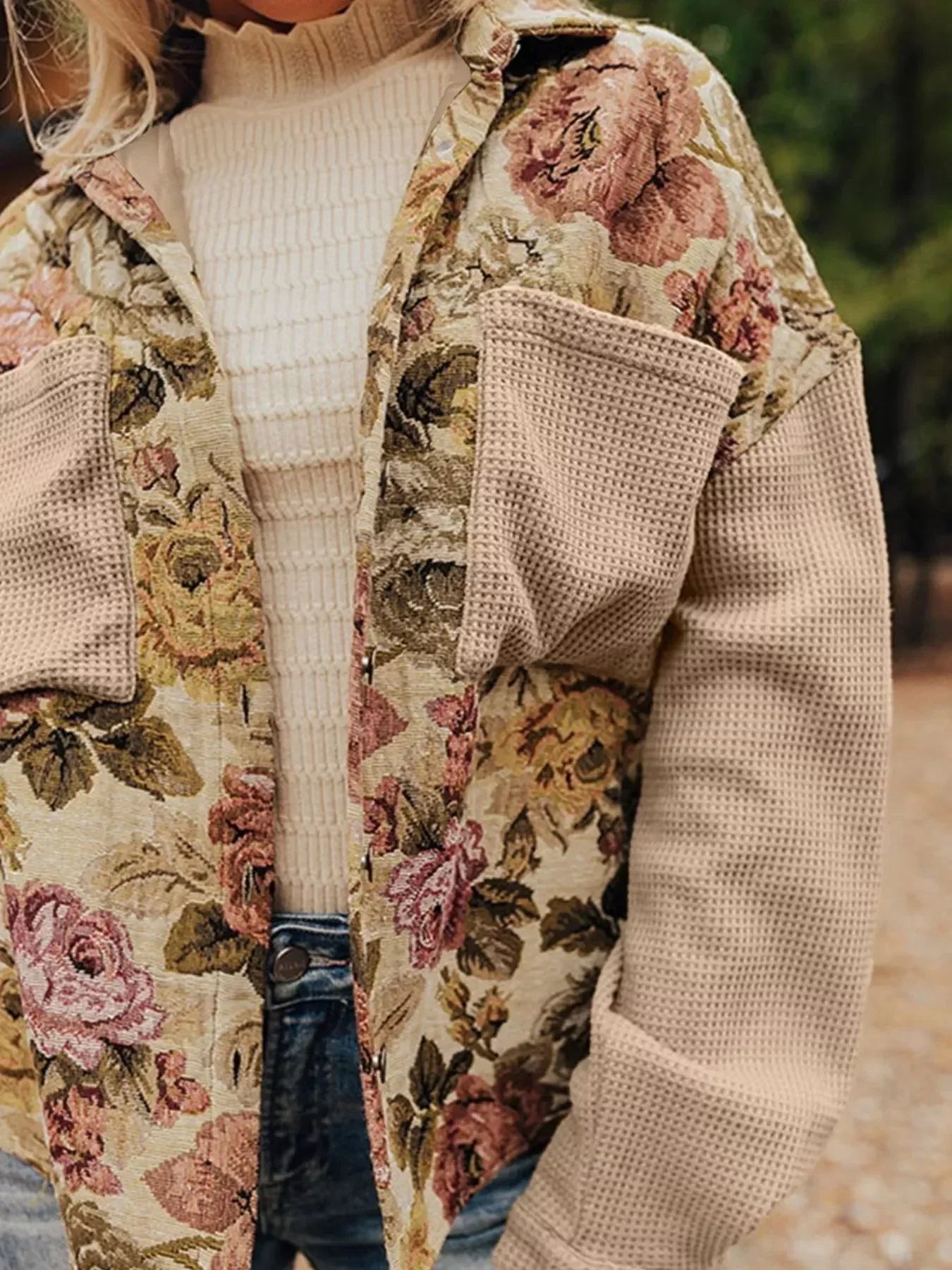 Floral Waffle Knit Patchwork Chest Pockets Buttoned Jacket - DAVERRI FASHIONS