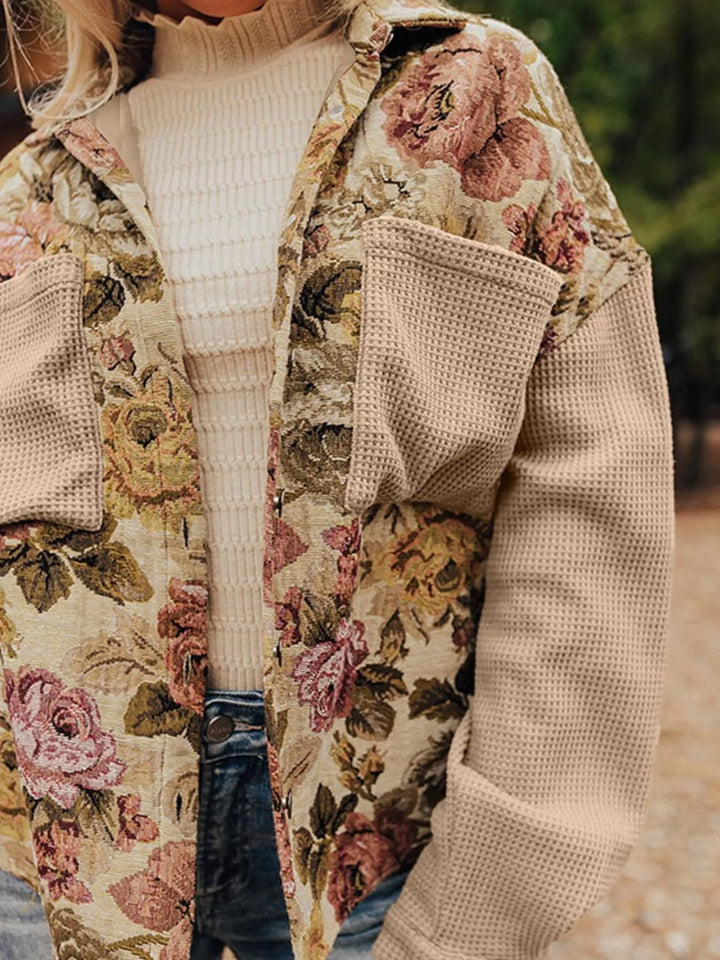 Floral Waffle Knit Patchwork Chest Pockets Buttoned Jacket | Jackets Daverri Fashions