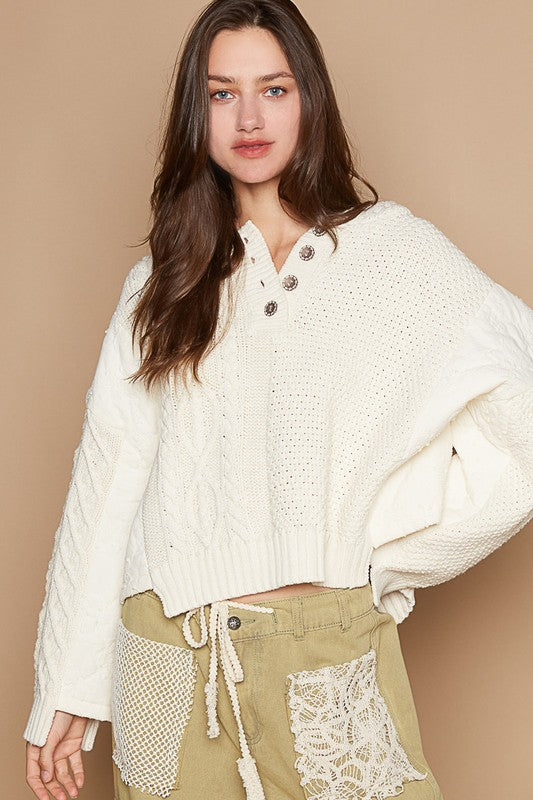 POL Cable-Knit Quarter Button Hooded Sweater Beige S