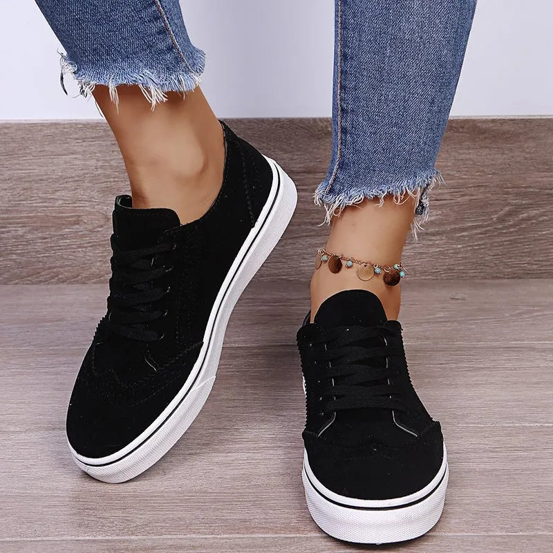 Black Lace-Up Suedette Flat Sneakers | Sneakers Daverri Fashions