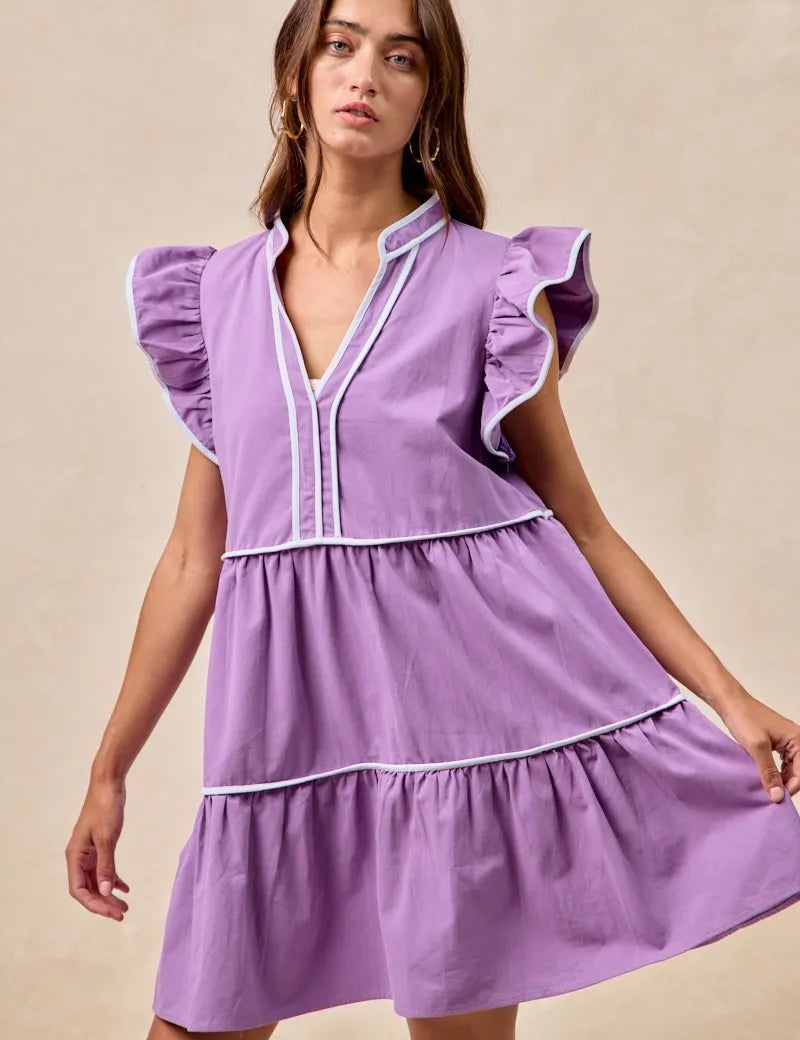 PURPLE BiBi Gameday Theme Contrast Binding Ruffled Dress | Mini Dresses Daverri Fashions