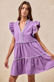 PURPLE BiBi Gameday Theme Contrast Binding Ruffled Dress | Mini Dresses Daverri Fashions