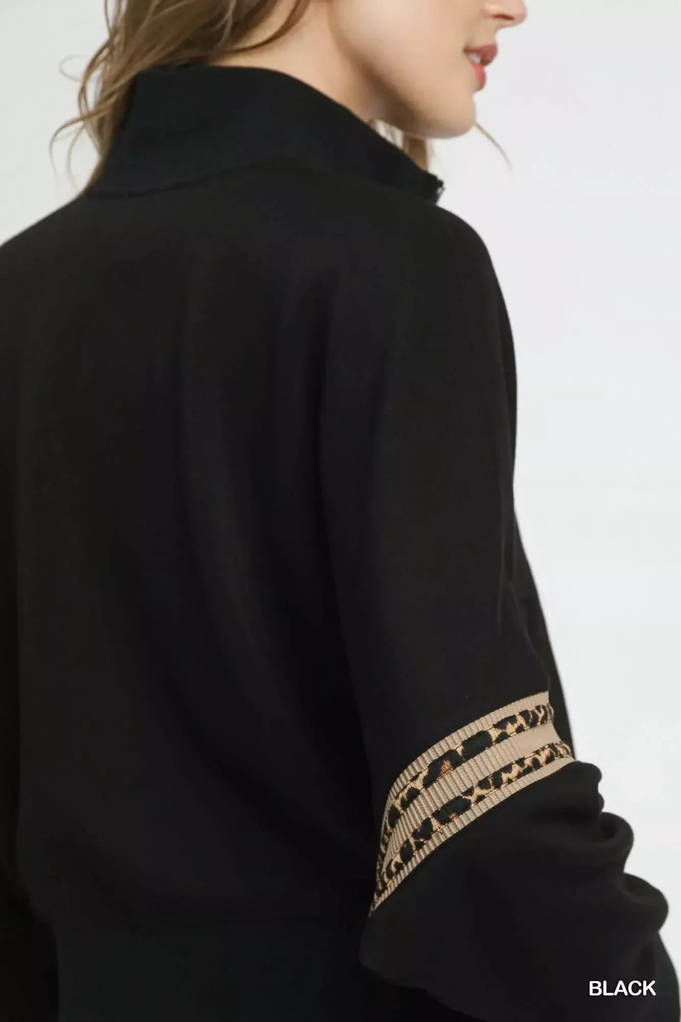 Umgee Zipper Up Cropped Jacket with Leopard Trim - DAVERRI FASHIONS