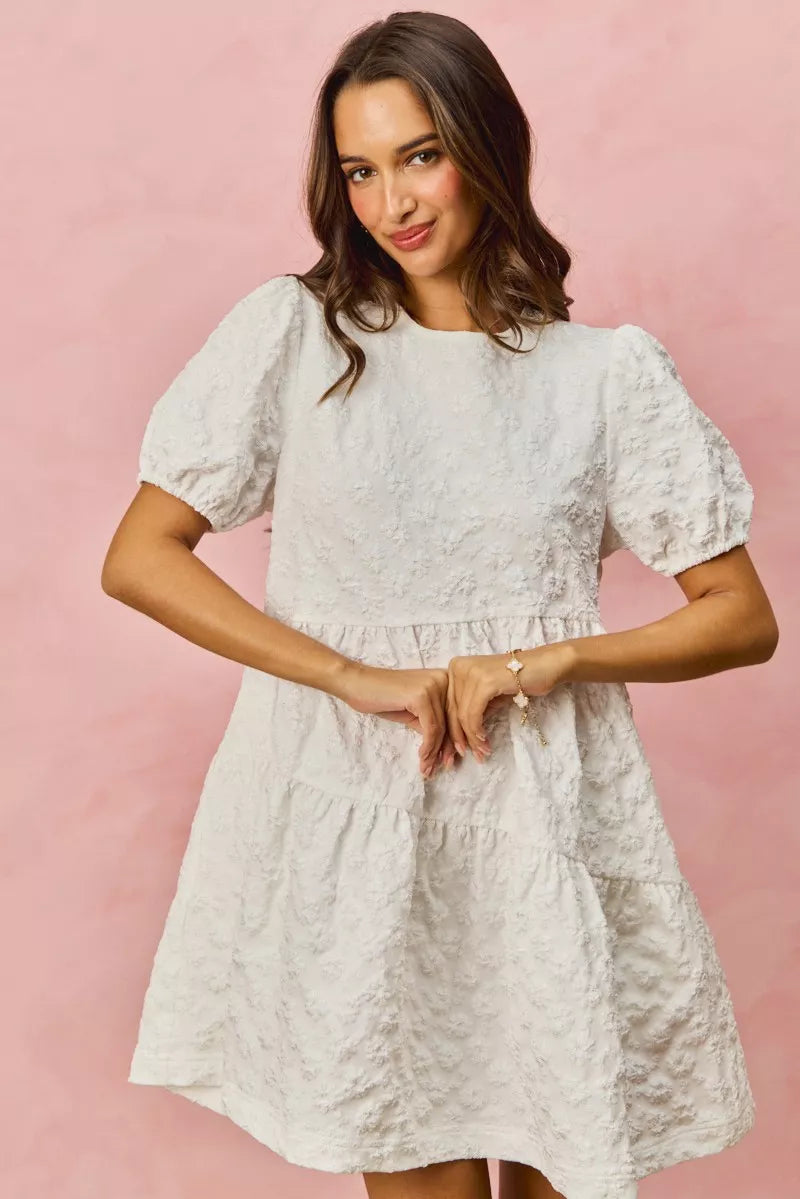 White textured lace SO ME floral jacquard diagonal tiered short mini dress