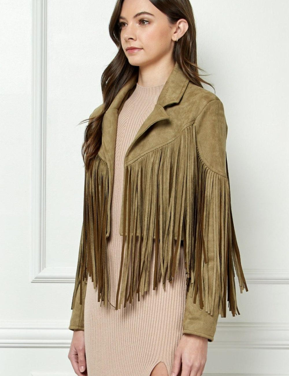 Veveret Suede Fringe Long Sleeve Moto Jacket OLIVE Coats & Jackets