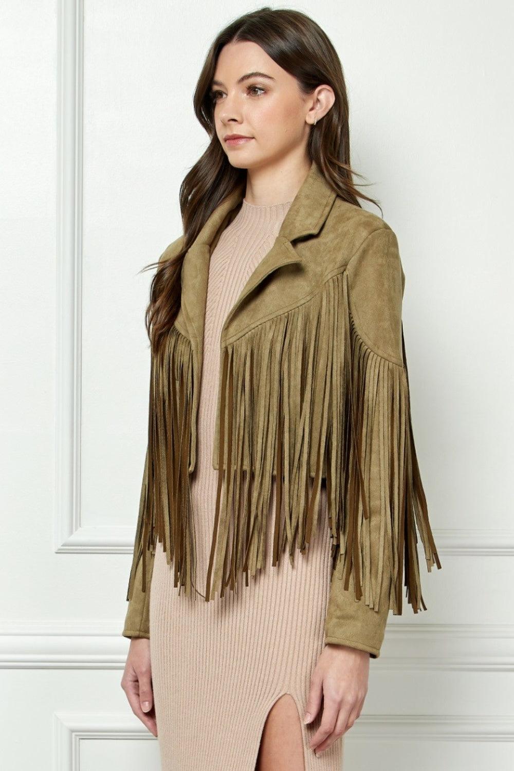 Veveret Suede Fringe Long Sleeve Moto Jacket OLIVE Coats & Jackets