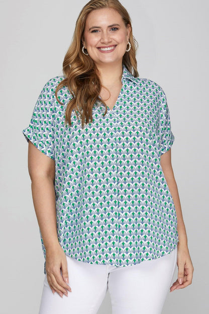 She + Sky Full Size Printed Johnny Collar Short Sleeve Blouse Plus Size - DAVERRI FASHIONS