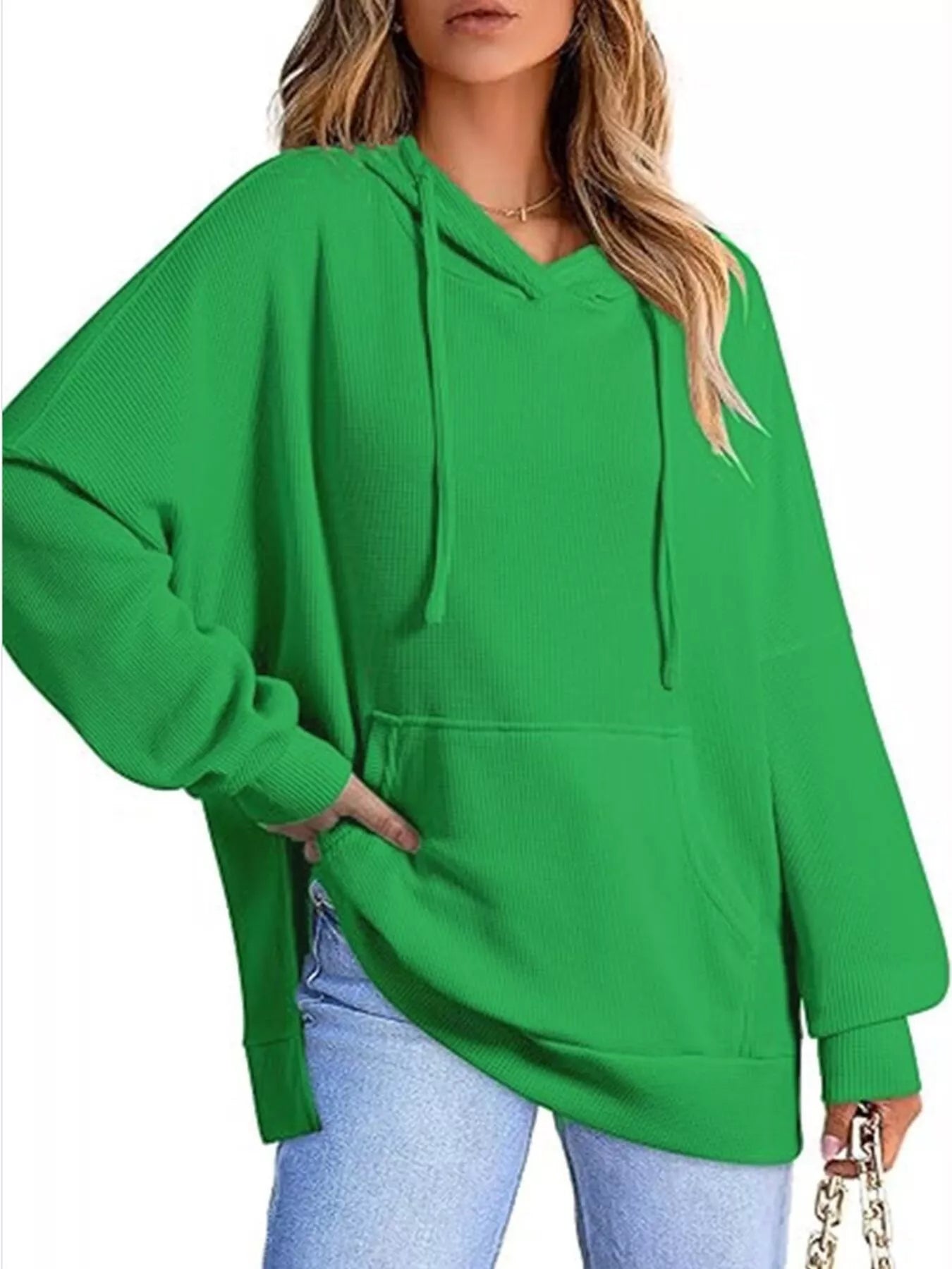 Vibrant green Daverri Fashions oversized drawstring hoodie with side slit