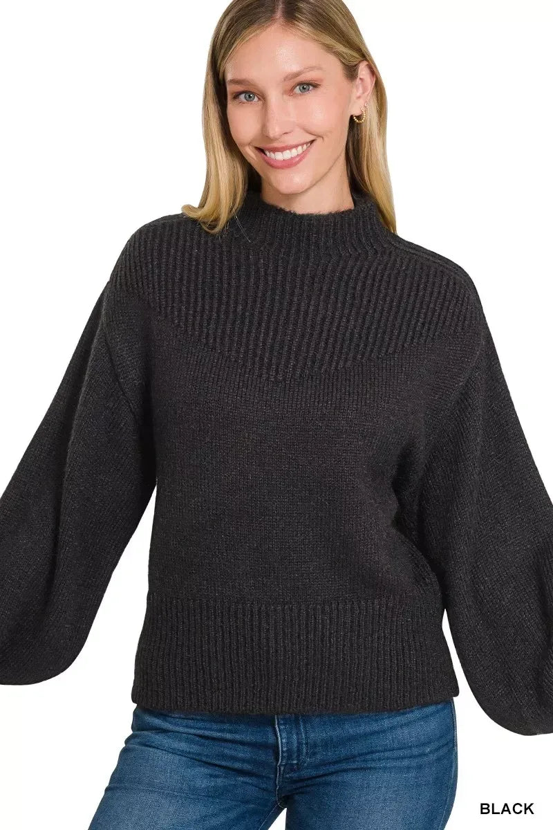 Zenana Black Balloon Sleeve Mock Neck Sweater - DAVERRI FASHIONS