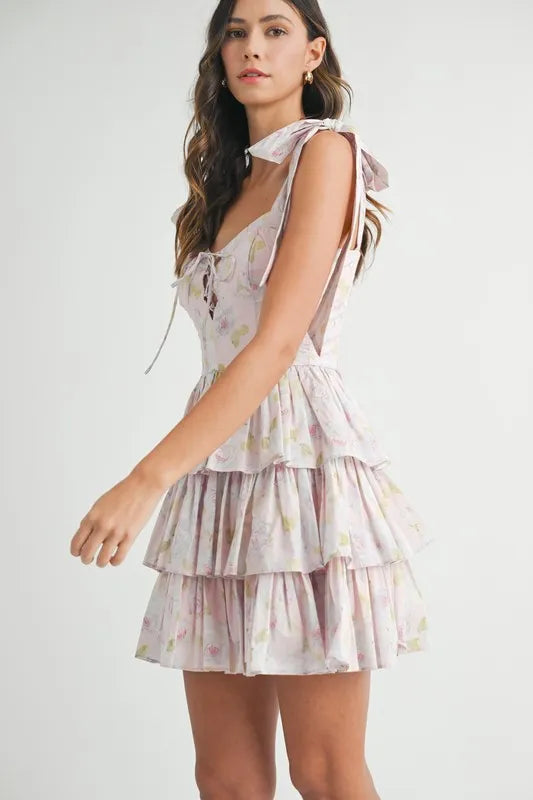 MABLE Floral Print Shoulder Tie Layered Mini Dress Mini Dresses