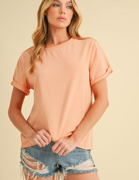 Watermelon pink Aemi + Co Exposed Seam Round Neck Short Sleeve T-Shirt | T-Shirts Daverri Fashions